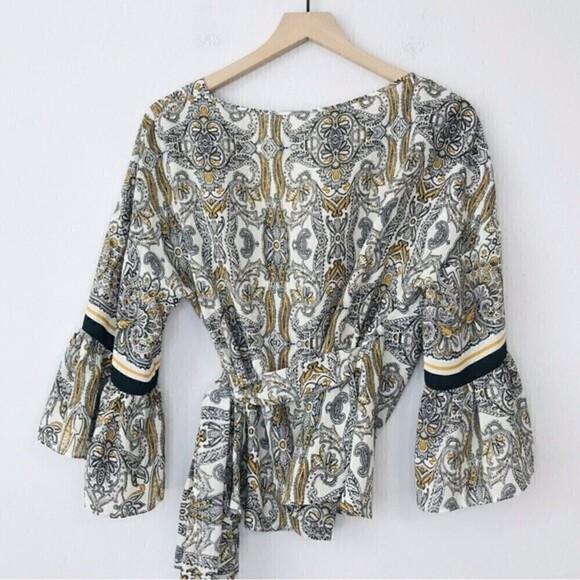 New! Max Studio Bohemian Floral Paisley Wrap Bell Sleeve Blouse Top - Picture 2 of 8